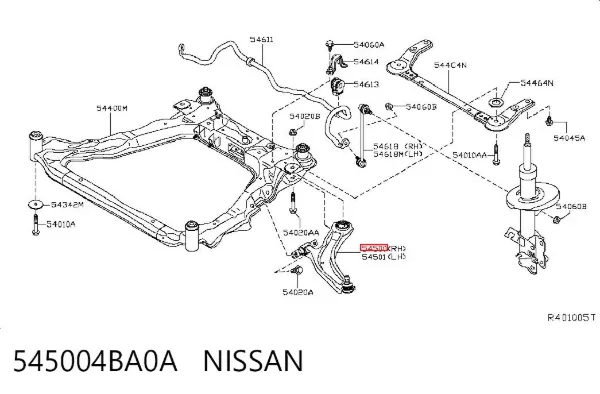 Важіль передньої підвіски нижній, правий 545004BA0A Nissan/Infiniti