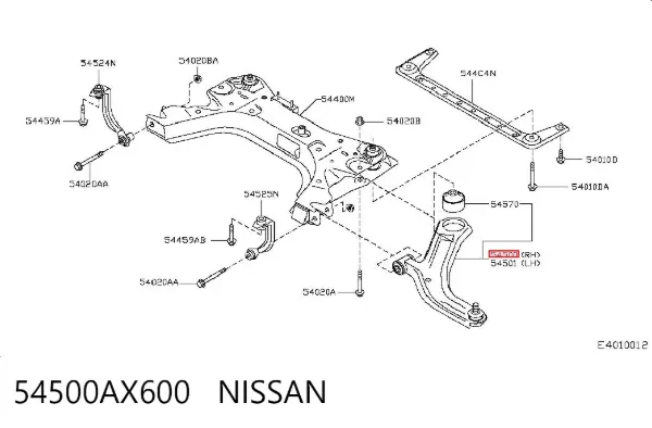 Важіль передньої підвіски нижній, правий 54500AX600 Nissan/Infiniti