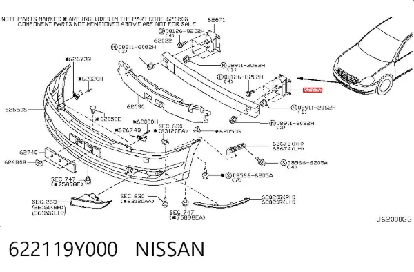 Кронштейн підсилювача переднього бампера 622119Y000 Nissan/Infiniti
