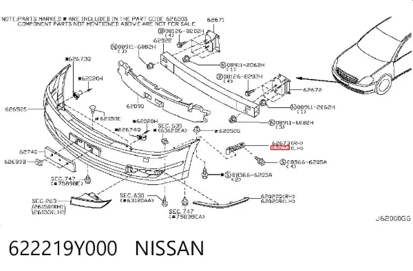 Кронштейн бампера переднього, правий 622219Y000 Nissan/Infiniti