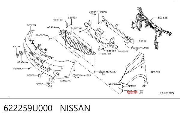 Кронштейн бампера переднього, лівий 622259U000 Nissan/Infiniti