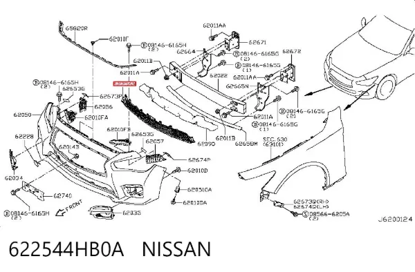 Решітка переднього бампера, центральна 622544HB0A Nissan/Infiniti