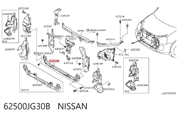 Супорт радіатора нижній/монтажна панель кріплення фар 62500JG30B Nissan/Infiniti