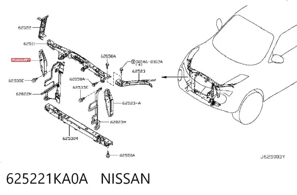 Супорт радіатора правий/монтажна панель кріплення фар 625221KA0A Nissan/Infiniti