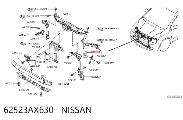 Супорт радіатора лівий/монтажна панель кріплення фар 62523AX630 Nissan/Infiniti