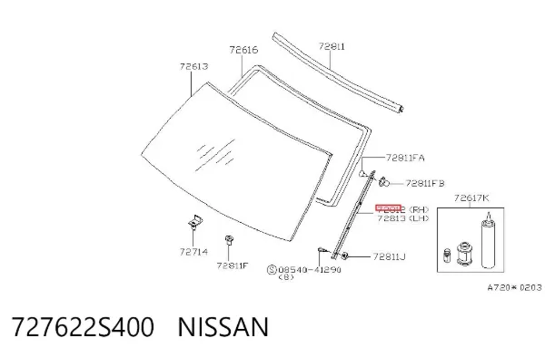 Молдинг лобового скла, правий 727622S400 Nissan/Infiniti