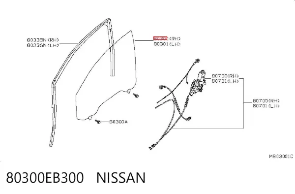 Скло передніх дверей, правою 80300EB300 Nissan/Infiniti