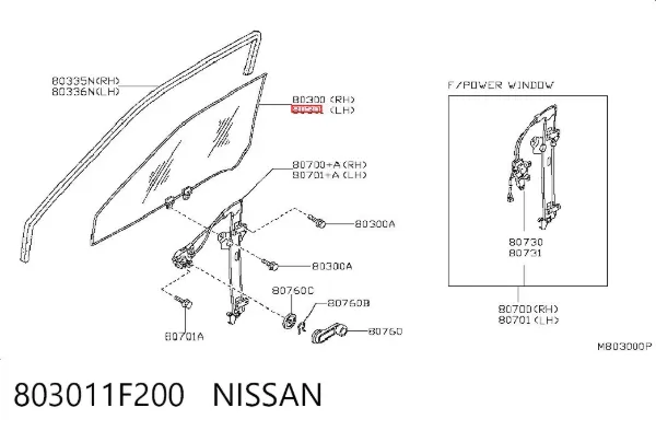 Скло передніх дверей, лівою 803011F200 Nissan/Infiniti