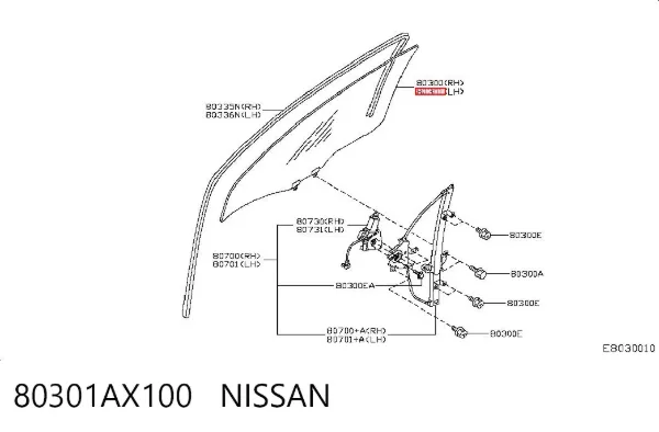 Скло передніх дверей, лівою 80301AX100 Nissan/Infiniti