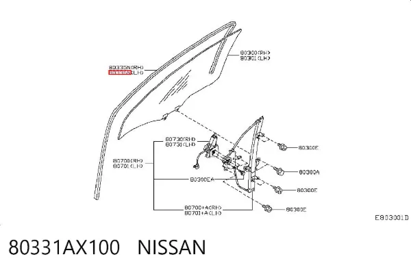 Направляюча скла рамки двері, передньої лівої 80331AX100 Nissan/Infiniti