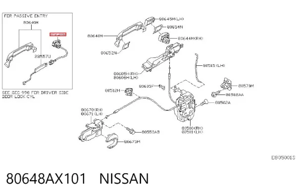 Кнопка приводу замка двері передньої правої 80648AX101 Nissan/Infiniti