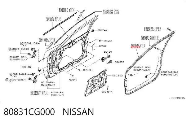 Ущільнювач двері передньої лівої (на двері) 80831CG000 Nissan/Infiniti