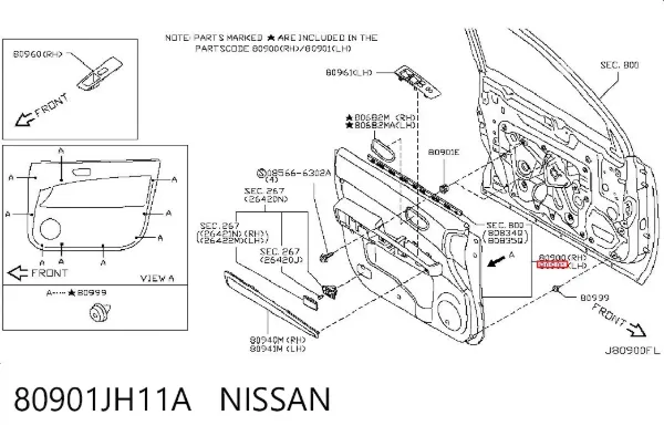 Обшивка-облицювання передньої двері, лівою, внутрішня 80901JH11A Nissan/Infiniti