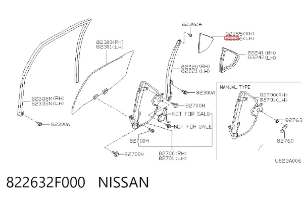Скло-кватирка двері, задній, лівою 822632F000 Nissan/Infiniti