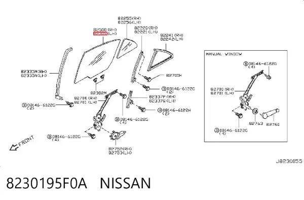 Скло задньої двері лівої 8230195F0A Nissan/Infiniti
