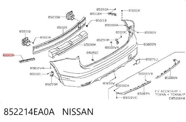Кронштейн бампера заднього, лівий 852214EA0A Nissan/Infiniti