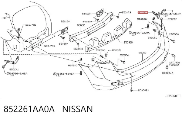 Кронштейн бампера заднього, правий 852261AA0A Nissan/Infiniti