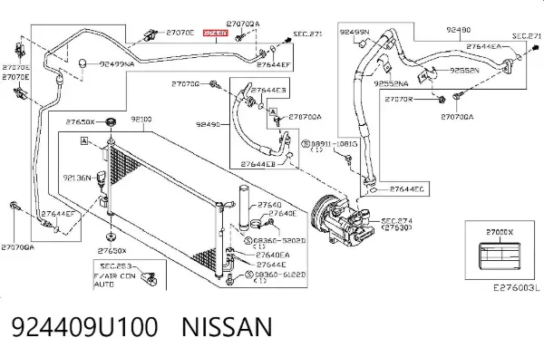 Шланг кондиціонера, від радіатора до випарника 924409U100 Nissan/Infiniti