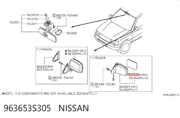 Дзеркальний елемент дзеркала заднього виду, правого 963653S305 Nissan/Infiniti