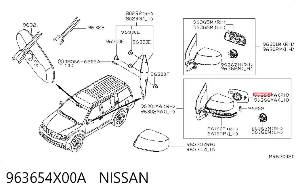 Дзеркальний елемент дзеркала заднього виду, правого 963654X00A Nissan/Infiniti