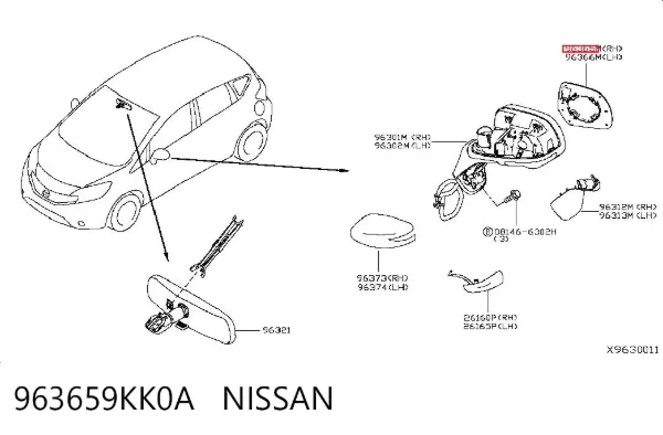 Дзеркальний елемент дзеркала заднього виду, правого 963659KK0A Nissan/Infiniti