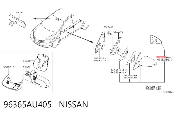 Дзеркальний елемент дзеркала заднього виду, правого 96365AU405 Nissan/Infiniti