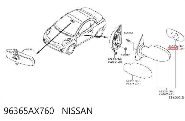 Дзеркальний елемент дзеркала заднього виду, лівого 96365AX760 Nissan/Infiniti