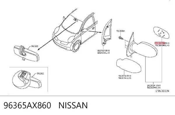 Дзеркальний елемент дзеркала заднього виду 96365AX860 Nissan/Infiniti