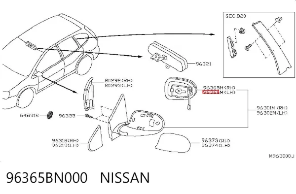 Дзеркальний елемент дзеркала заднього виду, лівого 96365BN000 Nissan/Infiniti
