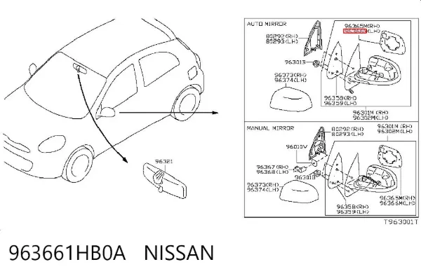 Дзеркальний елемент дзеркала заднього виду, лівого 963661HB0A Nissan/Infiniti