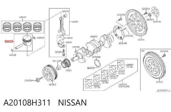 Поршень з пальцем без кілець, STD A20108H311 Nissan/Infiniti