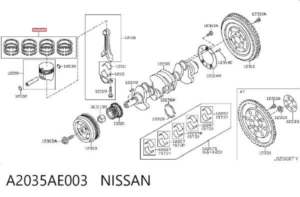 Кільця поршневі комплект на мотор, 1-й ремонт (+0,25) A2035AE003 Nissan/Infiniti