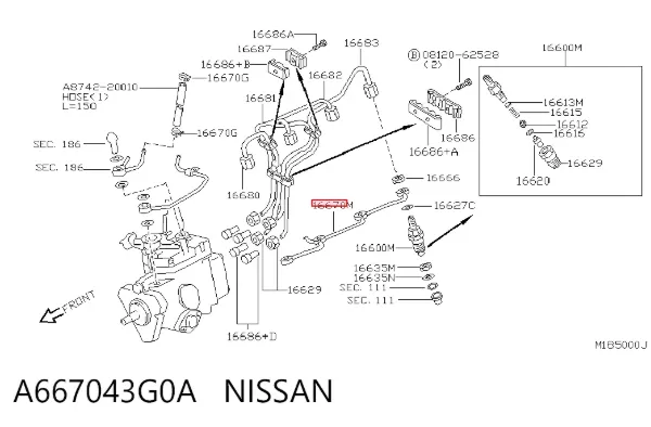 Трубка паливна, зворотня від форсунок A667043G0A Nissan/Infiniti