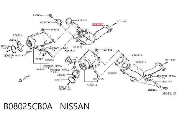 Труба приймальна (штани) глушника, передня, права B08025CB0A Nissan/Infiniti