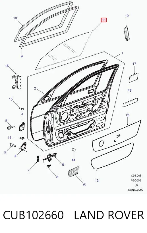 Скло передніх дверей, правою CUB102660 Land Rover