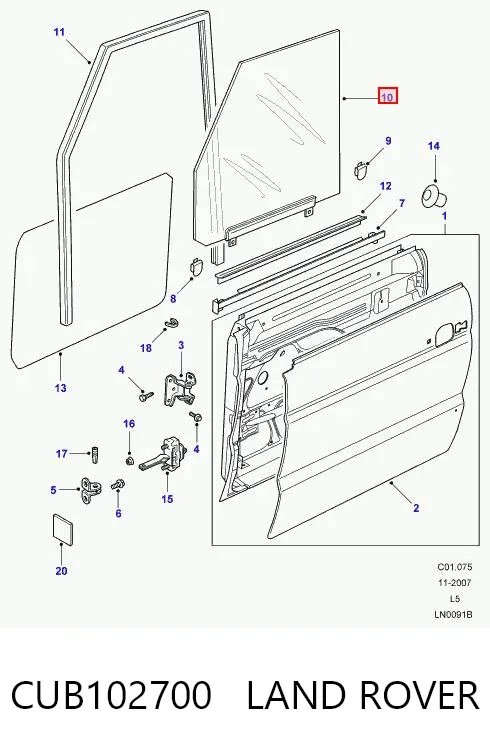 Скло передніх дверей, правою CUB102700 Land Rover