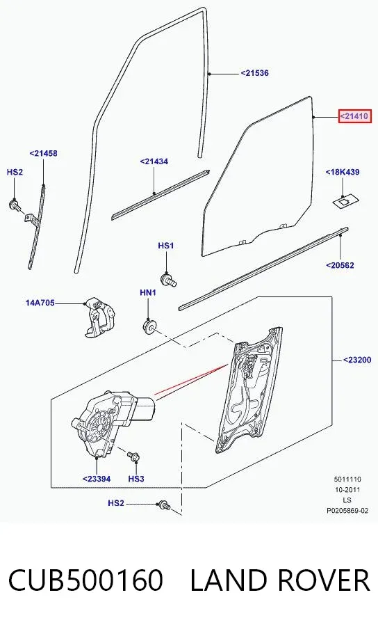 Скло передніх дверей, правою CUB500160 Land Rover