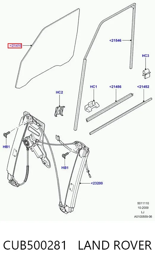 Скло передніх дверей, правою CUB500281 Land Rover