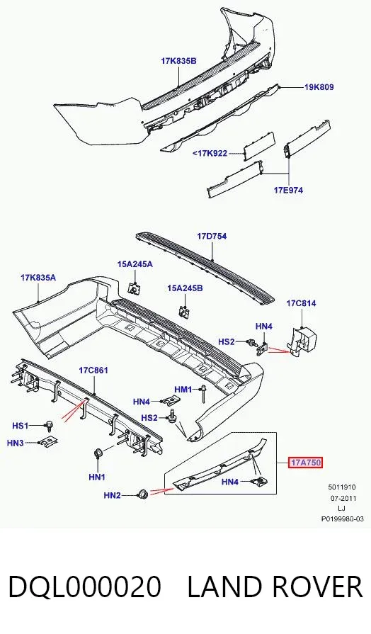 Кронштейн бампера заднього, правий DQL000020 Land Rover