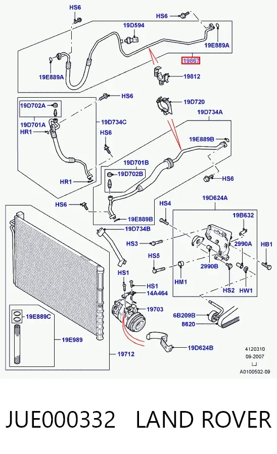 Шланг кондиціонера, від радіатора до випарника JUE000332 Land Rover