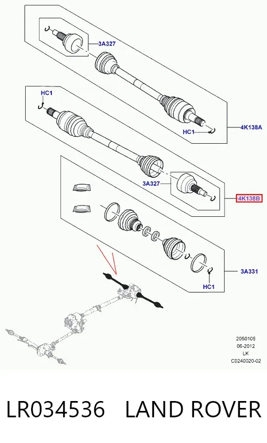 Піввісь задня, ліва LR034536 Land Rover