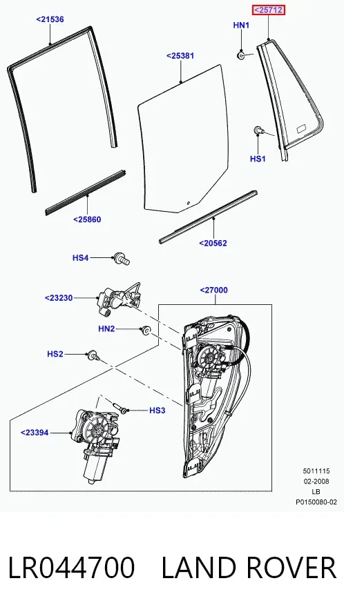 Скло-кватирка двері, задній, правій LR044700 Land Rover