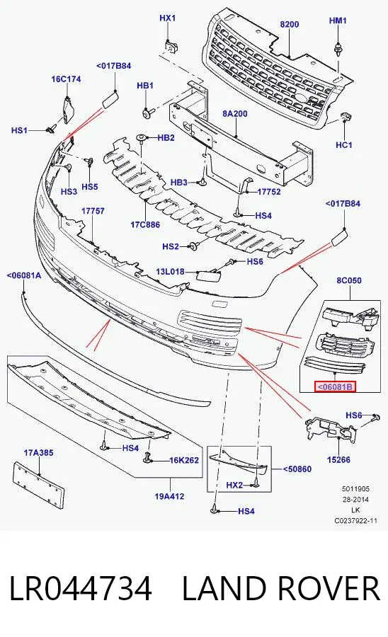 Решітка переднього бампера, права LR044734 Land Rover