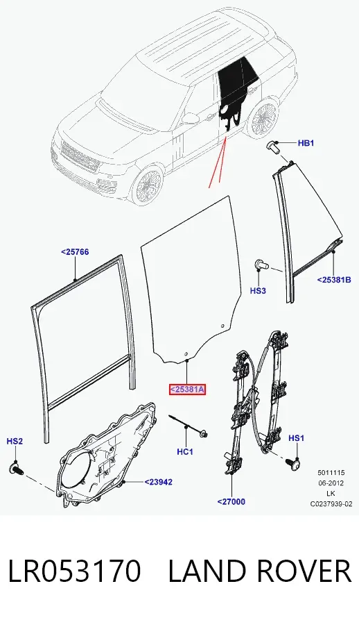 Скло передніх дверей, лівою LR053170 Land Rover