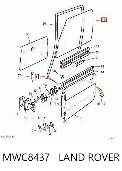 Скло передніх дверей, лівою MWC8437 Land Rover