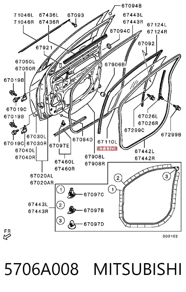 Скло передніх дверей, правою 5706A008 Mitsubishi