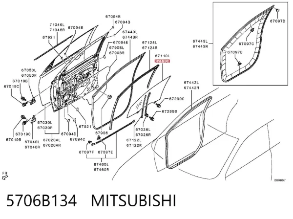 Скло передніх дверей, правою 5706B134 Mitsubishi