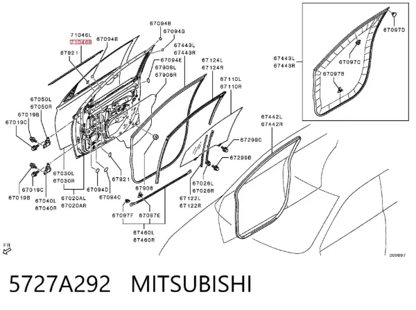 Молдинг опускного скла нижній, двері передньої, правої 5727A292 Mitsubishi