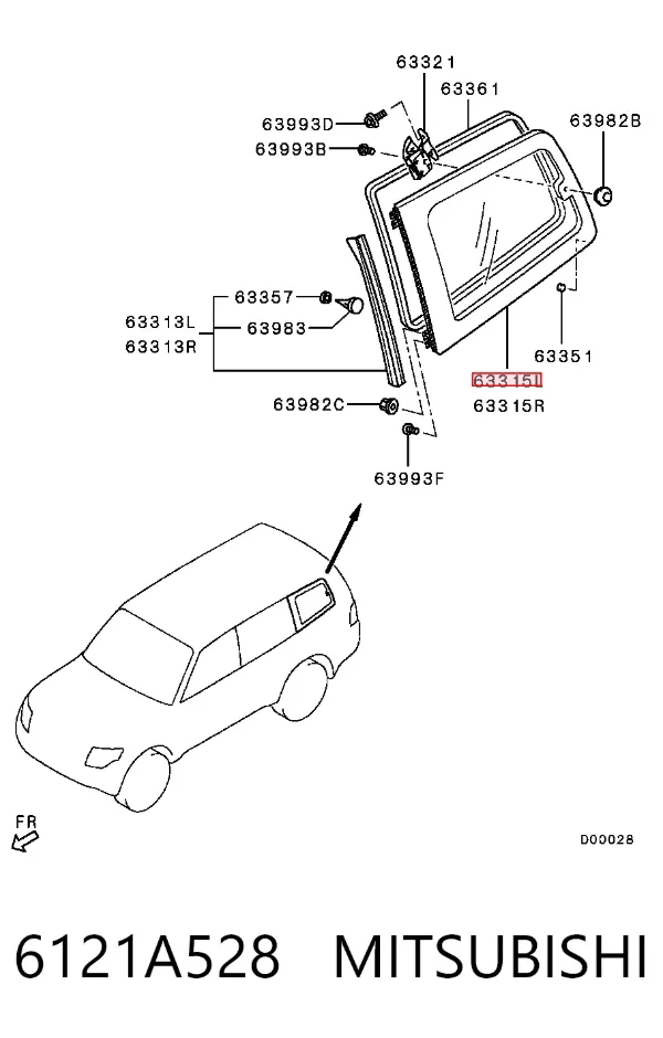 Скло багажного відсіку, ліве 6121A528 Mitsubishi