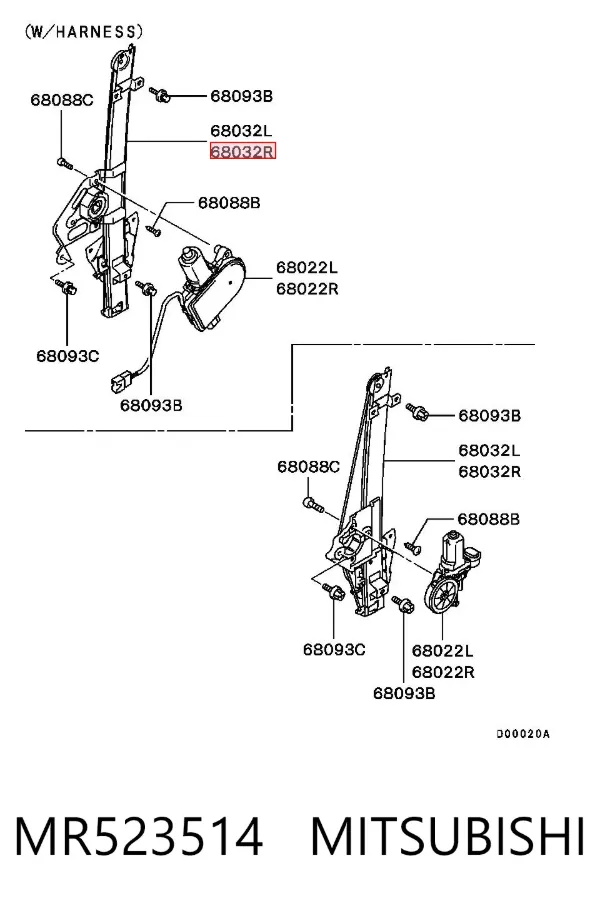 Механізм склопідіймача двері задньої, правої MR523514 Mitsubishi